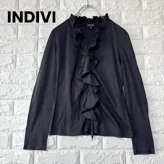 インディヴィビ カットソー 長袖 黒 フリル オフィス カジュアル M キレイめ