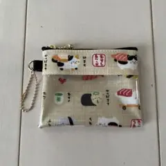 パスケース ミニポーチ ラミネート お寿司 猫 ベージュ ハンドメイド