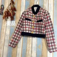 レディース　ジャケット　ノーカラー　金ボタン　ツイード　上品　平成　レトロ　M