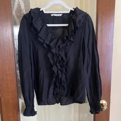 ZARA ザラ　フリルブラウス　フリンジ　フレアスリーブ　ブラック　Mサイズ