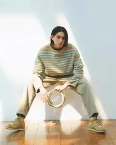 blurhms ベージュ・水色ストライプ 長袖カットソー XL