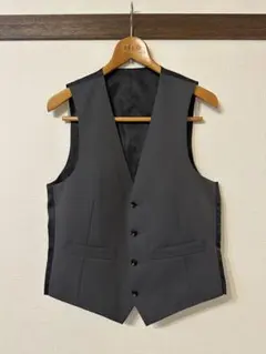 メンズ スーツベスト ジレ グレー×ブラック 【ウール混／Mサイズ】1回のみ使用
