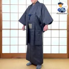 メンズ大島紬3点セット 袷 正絹 亀甲柄 濃紺 身長173cm前後 A-2094