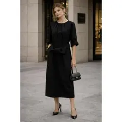 新品 DRESS PLUS 品格の黒 フロントタック ベルト付 ミディドレス