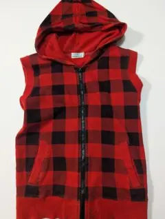 赤と黒のチェック柄 フード付きベスト