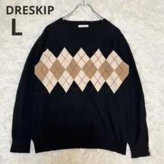 【ドレスキップ】アーガイル柄 セーター ニット クルーネック ブラック L