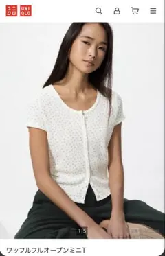 UNIQLO 花柄　クルーネック カーディガン 半袖　ワッフルフルオープンミニT