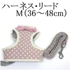 リード ハーネス セット M 小型犬 猫 ピンク 胴輪 リボン チェック ペット