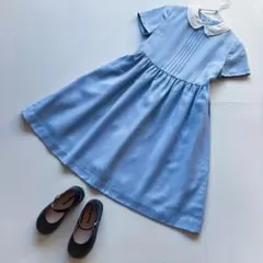 美品 familiar ウ－ル混 襟付き 半袖 フレアワンピース 水色 130