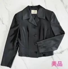 【美品】レディース ウール混 光沢テーラードジャケット M 黒ブラック冠婚葬祭