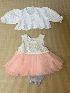 ピンク フラワー刺繍 ベビードレス ロンパース 80cm 上着付き