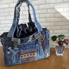 デニム リメイクトートバッグ　ショルダーバック　巾着　スリーウェイ