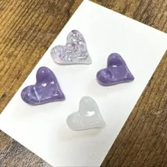 ハートのハンドメイドピアス　イヤリング　4個セット　紫　白