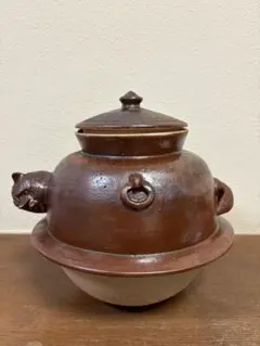 【信楽焼 明山窯？】分福茶釜たぬき 陶器製 水指 置物 蓋付 昭和レトロ 訳あり