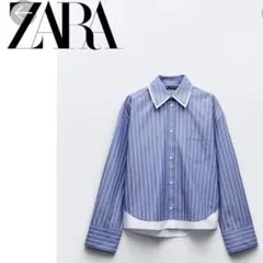 ZARAショート丈ドッキング風ストライプシャツ 海外サイズS
