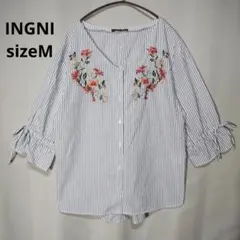 【美品】INGNI イング 花柄刺繍 ストライプ ブラウス M 七分袖 リボンのサムネイル