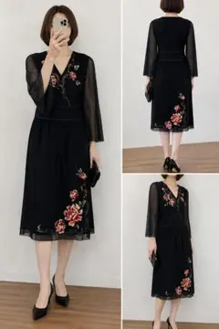 VIVIENNE TAM 花柄刺繍 Vネックワンピース 黒のサムネイル