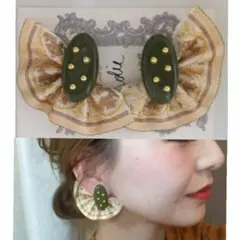 579＊2way カーキ スタッズ オーバル 刺繍 リボン