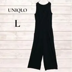 UNIQLO オールインワン　黒　L 伸縮性　ワイドパンツ　ポケット　Ｖネック
