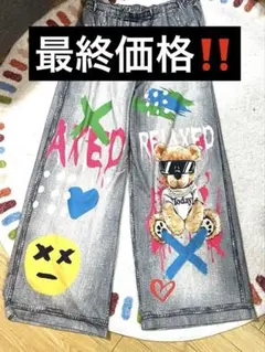 【新品・XL】デニム風 グラフィック ワイドパンツ ベアプリント ストリート