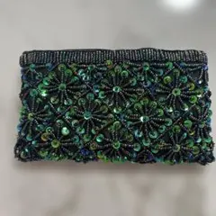 ビーズ刺繍 ポーチ ブラック グリーンのサムネイル