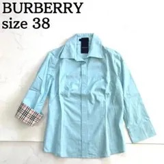タグ付き新品★BURBERRY 7分袖シャツ ロゴ刺繍 ノバチェック 水色 38