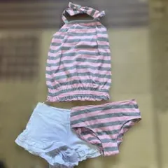 水着セット ピンクとグレーのストライプ