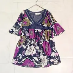 シネマクラブ シフォン チュニック 花柄 レース 半袖 トップス Mサイズのサムネイル