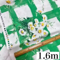 岡本洋子　YUWA マーガレット柄 緑色チェック 綿生地 1.6m
