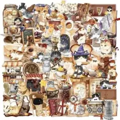 【T39】シール 50枚 PET ステッカー レトロ 喫茶 ネコ コラージュ素材