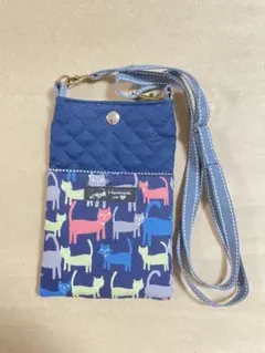 少し大きめスマホポシェット　ブルー×ブルー　Cats柄ポケット付き　ネコ