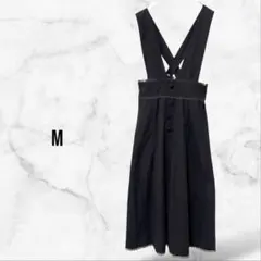 サロペットスカート ウエストゴム レース 黒(M)ポケット 無地 重ね着 春夏