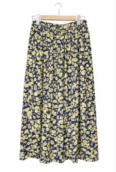 M7days 花柄ロングスカート フレア 春 ネイビー イエロー ウエストゴム