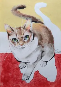 服部哲也1683【猫になった君】サイベリアン ドローイング パステル 原画 絵画 No.1879【今日の居場所】服部哲也 一筆描きドローイング 原画 猫 絵画