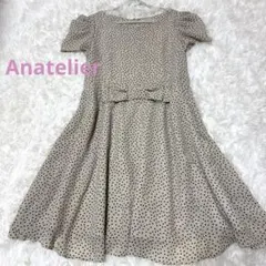 極美品-Anatelierドット柄 リボン付き 半袖 ひざ丈フレアワンピースのサムネイル