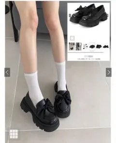 GRL リボン厚底レザーローファー 黒
