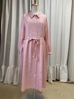 着物リメイク、ピンク 長袖、衿つきワンピース ウエストリボン付き