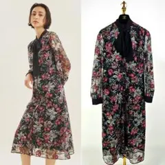 新品タグ付 グレースコンチネンタル 刺繍 ボタニカル柄ドレス 黒 ブラック 36