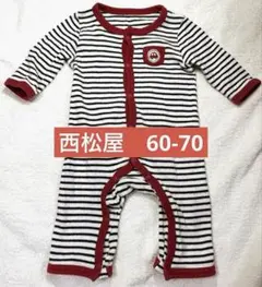 西松屋　長袖ストライプロンパース 暖かい素材　60-70