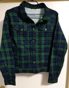 М　緑と紺のチェック柄デニムジャケット