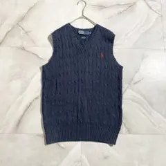 18350 美品 ポロバイラルフローレン シルク100%ケーブルニットベスト青M