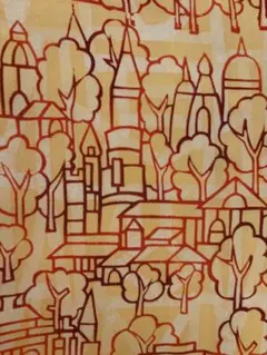 昭和レトロ 正絹 小紋 縮緬調 洋風街並み風景柄 ベージュオレンジ モダン