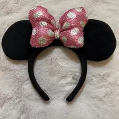 ミニーちゃん　ピンク　スパンコール　ドット　リボン　カチューシャ