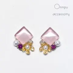 No.163ガラスタイルとお花のビジューピアス＆イヤリング　パール　ピンク