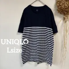 【ユニクロ】 L♪ メンズ 半袖 Tシャツ ボーダー 切替 カジュアル ネイビー