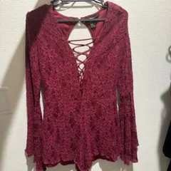 バーガンディ レースアップ 長袖ワンピース