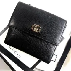 ✨グッチ 3つ折り財布 GGマーモント シュリンクレザー ブラック ゴールド
