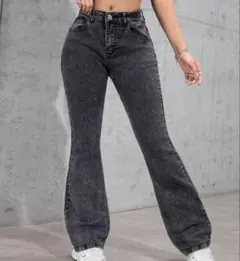 新品未使用 グレー ブーツカットデニム ハイウエスト フレアパンツ