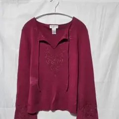 刺繍 ニット キーネック フレアスリーブ 赤 レーヨン 上品 大人 おしゃれ
