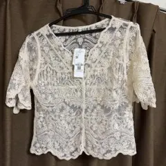 新品 花柄レース 半袖カーディガン アイボリー Lのサムネイル